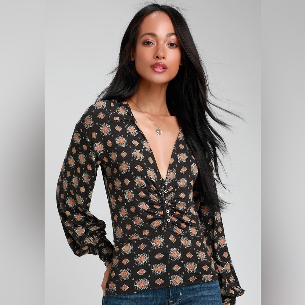 Sydney's Party Washed Black Print Long Sleeve Top size M